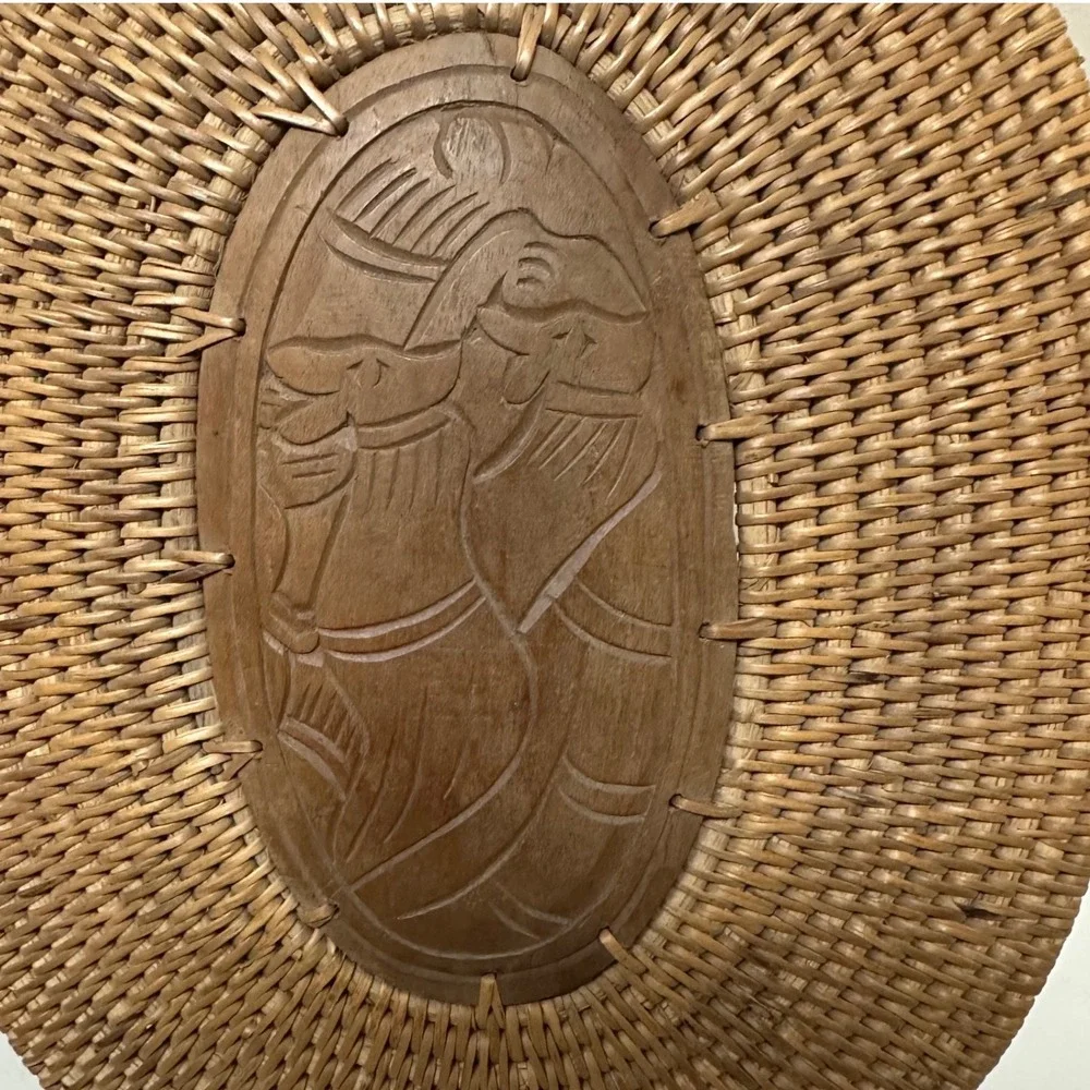 Handwoven Rattan Oval Trinket Basket Box Carved Wood Lid Figure Brown 9.5in